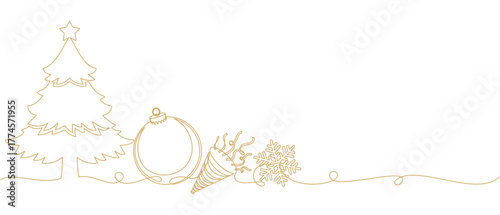Christmas tree, snowflakes, new year bugle with confetti and christmas balls in line art style of illustration vector