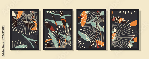Set of abstract wall art vector. Leaves, organic shapes in hand drawn style. Wall decoration collection design for interior, poster, cover, banner.
