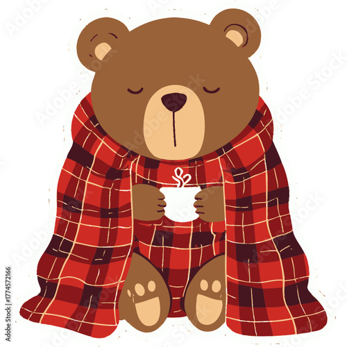 Sleepy Bear Wrapped in Cozy Plaid Blanket Holding Cup of Tea | Cute Hibernating Bear Enjoying Warm Drink | Adorable Kawaii Bear Snuggled in Blanket with Tea | Cozy Cartoon Bear Relaxing