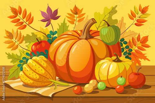 Thanksgiving still life with pumpkins, assorted fruits and yellow autumn leaves on a corner of a wooden table, decorated with a yellow or orange background