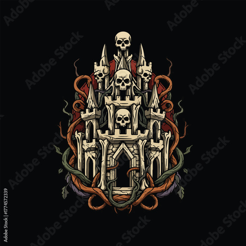 Gothic castle with skulls and vines dark fantasy illustration concept