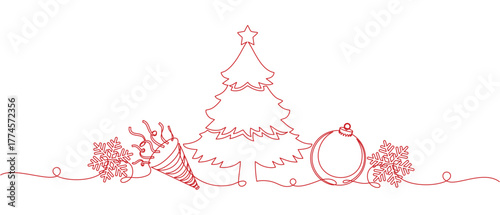 Christmas tree, snowflakes, new year bugle with confetti and christmas balls in line art style