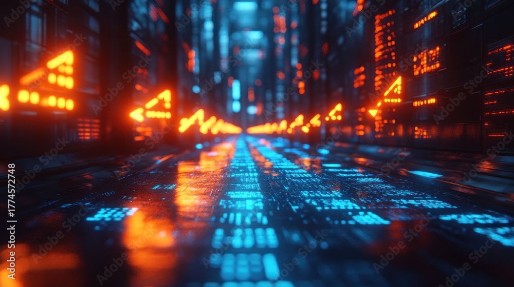 Naklejka premium Neon-lit digital corridor