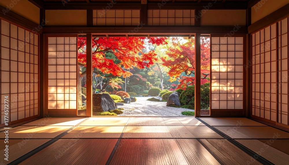 Fototapeta premium View of Japanese Garden with Autumn Maple Leaves from Traditional Tatami Room and Wooden Engawa
