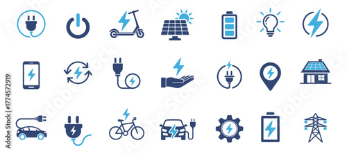 Collection of modern flat icons representing electricity and energy generation