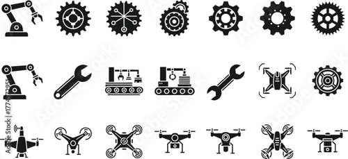 Collection of industrial icons featuring robotic arms gears wrenches and drones isolated on transparent background