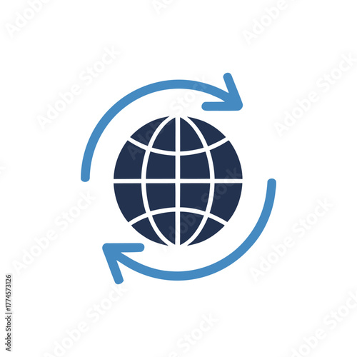Global network connection and data flow symbol with arrows rotating