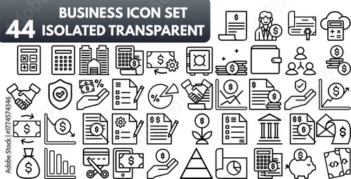 Minimalist Business Icon Set with Finance and Office Symbols on Transparent Background