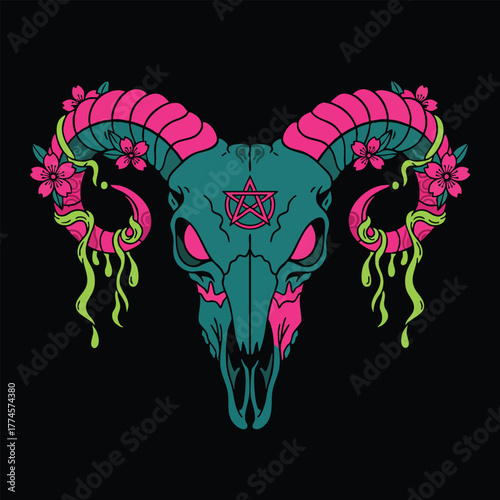 Mysterious Ram Skull with Pentagram and Floral Embellishments on Black Background