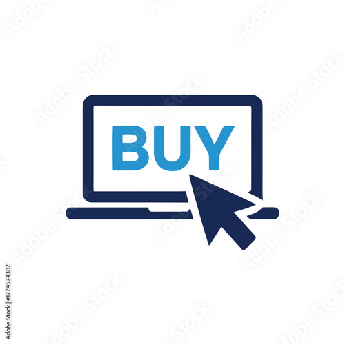 Stock illustration of an online shopping concept with a computer mouse cursor clicking the buy button on a blue web banner
