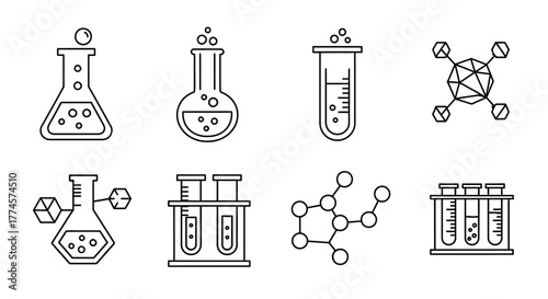 Collection of scientific icons including flasks, test tubes, and molecular structures in a clean line art style