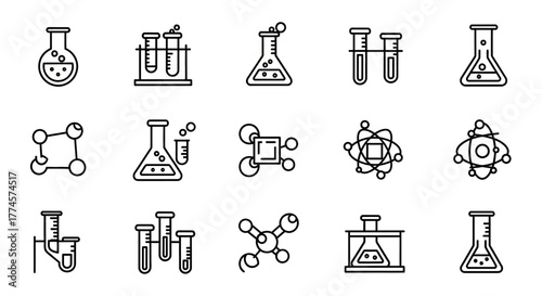 Collection of diverse outline chemistry and science laboratory equipment icons, ideal for educational resources, scientific research, and academic presentations