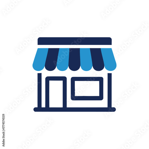 Simple storefront icon with awning and windows, business retail building outline
