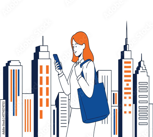 Woman using smartphone in city, isolated on white background she is wearing a white shirt and a blue bag, and the buildings are in the background