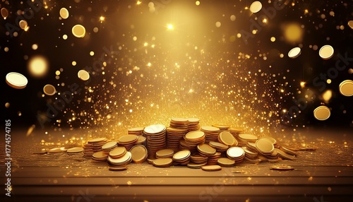 gold glitter birthday background or golden winner border burst coin explosion