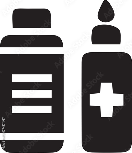 Two black medical bottles with labels and a dropper for liquid medication or supplements on a white background