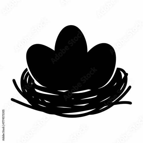 Stylized black silhouette of three eggs nestled in a bird's nest