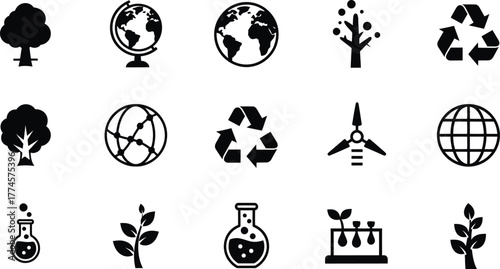 Collection of eco friendly icons including trees globes recycling symbols wind turbine and science beakers isolated on transparent background