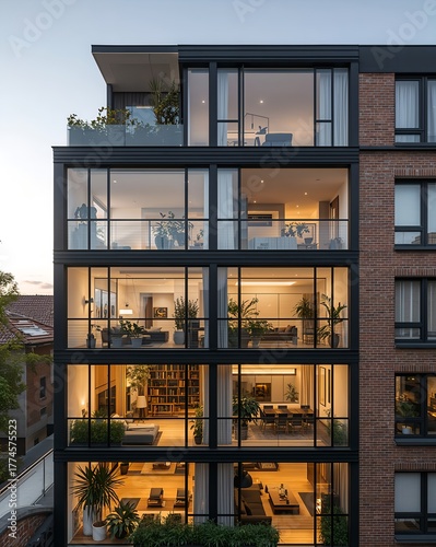 modern building with expansive windows showcasing a stylish interior. The design is contemporary, with clean lines and a minimalist aesthetic.