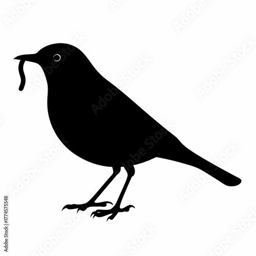 Silhouette of a bird with a worm in its beak against white backdrop