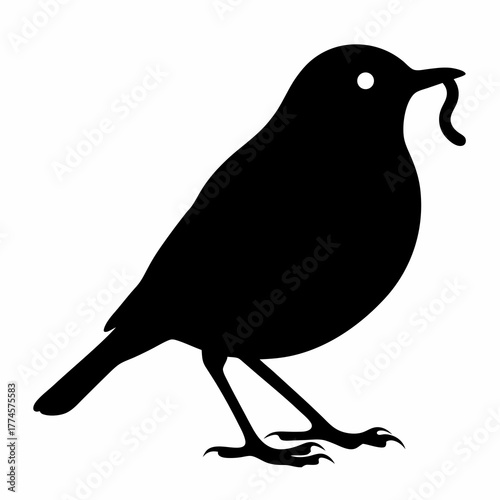 Silhouette illustration of a bird with a worm in its beak standing