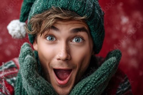 Young man feeling surprised and excited for christmas