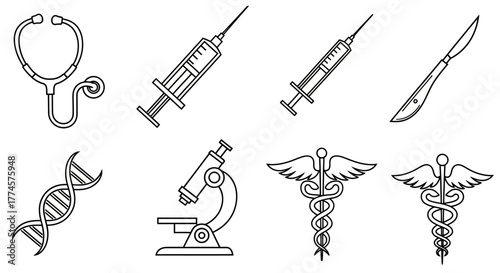 Clean line art collection featuring essential medical tools, scientific instruments, and healthcare symbols, ideal for web designs, educational graphics, and health-related presentations