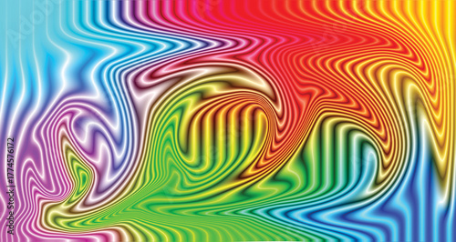 A bright and colorful retro vector illustration with a seamless pattern of psychedelic swirl lines, green and orange texture as a backdrop design