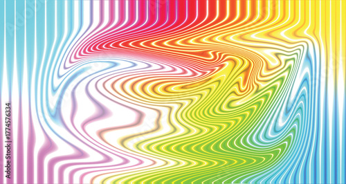 A psychedelic seamless vector pattern illustration with colorful geometric swirl lines and yellow orange blue green colors makes a vibrant texture decoration backdrop
