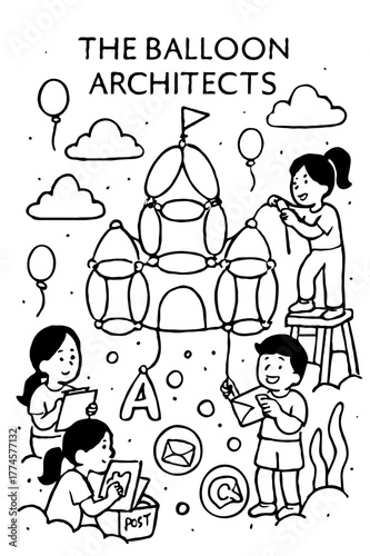 The Balloon Architects Coloring Page with Children Building Creative Structures Design Engineering Educational STEM Activity Sheet for Kids