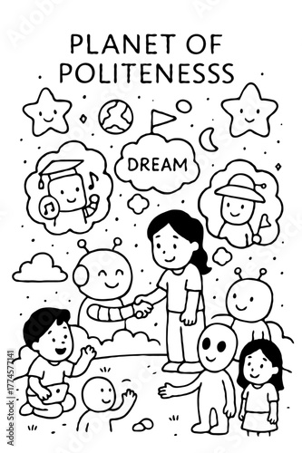 Planet of Politeness Coloring Page with Children Learning Good Manners Social Skills Character Education Activity Sheet for Kids