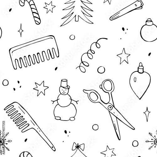 Seamless pattern with doodle elements on the theme of hairdressing tools and Christmas and New Year. Simple vector illustration with comb, scissors, Christmas tree, snowflake.