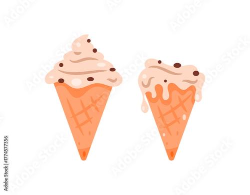 Illustration of ice cream with a cone and chocolate raisin topping. Melting ice cream. Dessert and sweet. Flat style design. White background.