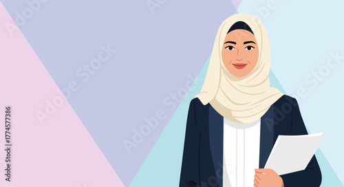 Illustration of a professional Muslim businesswoman in a hijab and business suit holding documents against a modern background