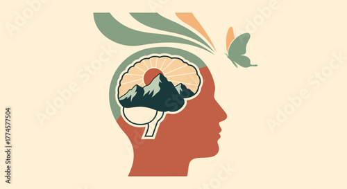 Mindfulness Meditation Brain, Nature, and Butterfly Illustration for Clarity