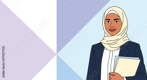 Confident young professional Muslim woman wearing a hijab and business suit, holding important documents, symbolizing success, diversity, and career achievement