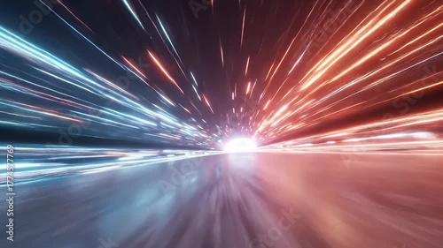 An immersive journey through an abstract, high-speed tunnel of light creates a mesmerizing and dynamic visual experience. Streaks of vibrant, glowing red and cool blue light blur past rapidly, converg