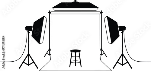 Professional Photo Studio Setup with Lighting Equipment Vector Illustration.