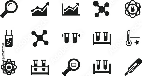 Collection of science and research icons including magnifying glass graphs molecules test tubes and thermometers isolated on transparent background