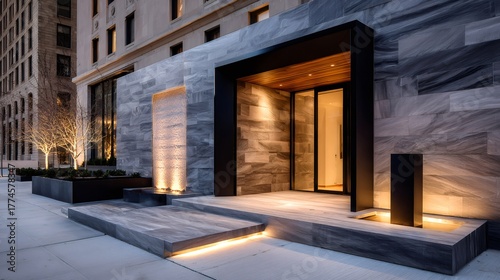 Modern building entrance featuring stone facade and illuminated landscaping