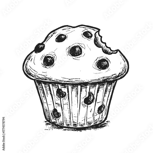 Sketchy Blueberry Muffin with a Bite Taken Out in Paper Cup