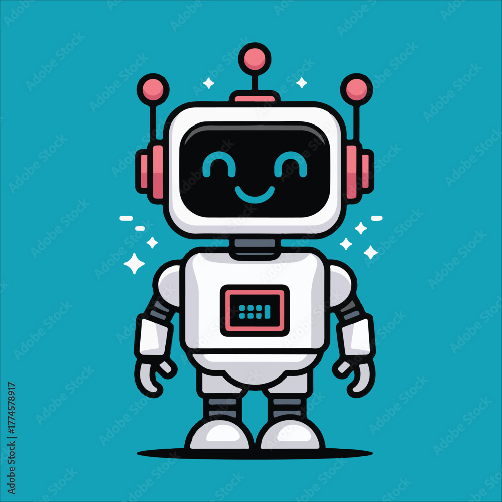 Naklejka premium Cute Friendly Robot Character Vector Illustration,Futuristic Cartoon Robot Mascot on Blue Background,Modern AI Robot Assistant Smiling Vector Art,Friendly Artificial Intelligence Robot Chat.