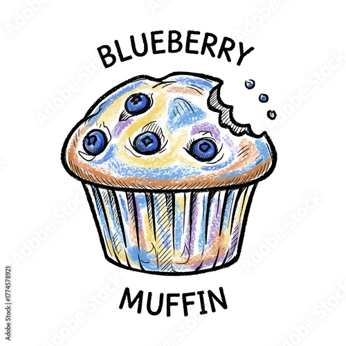 Watercolor Blueberry Muffin with Bite Mark and Floating Crumbs Illustration