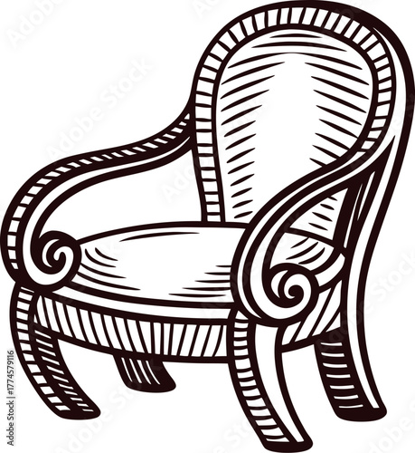 Hand drawn antique armchair with curved wooden frame and upholstered seat illustration