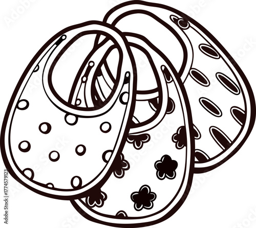 Three patterned baby bibs with polka dots and floral motifs line art illustration isolated on white background