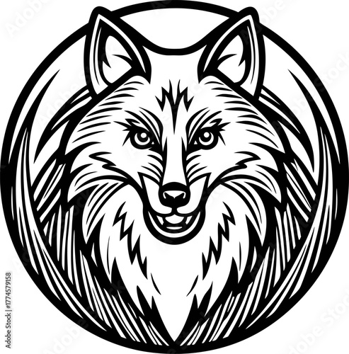 Fierce wolf head illustration in circular geometric frame bold black line animal graphic
