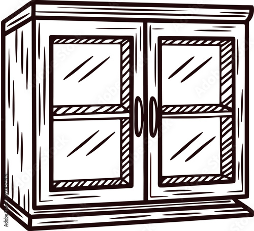Hand drawn wooden wall cabinet with glass panel doors vintage kitchen furniture illustration