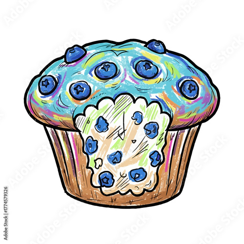 Colorful Artistic Blueberry Muffin with Vibrant Icing and Detailed Illustration
