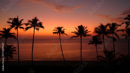 Fototapeta Naklejka Na Ścianę i Meble -  Beautiful sunset over the ocean with silhouettes of palm trees on beach