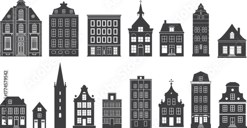 Black and white silhouette set of diverse architectural buildings, historic and modern styles, European facades, urban structures, cityscape elements, design, education, planning